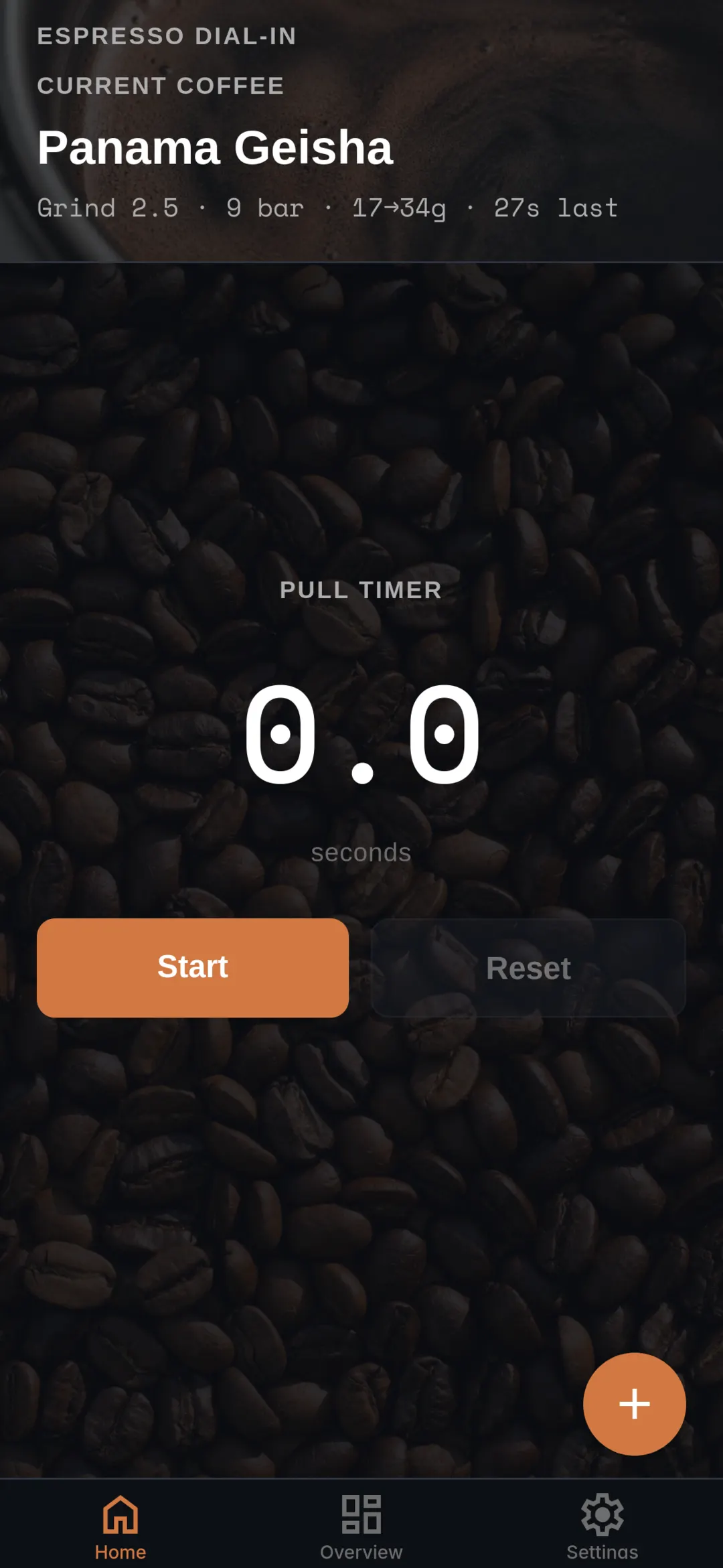 Home screen with current coffee and pull timer ready to start