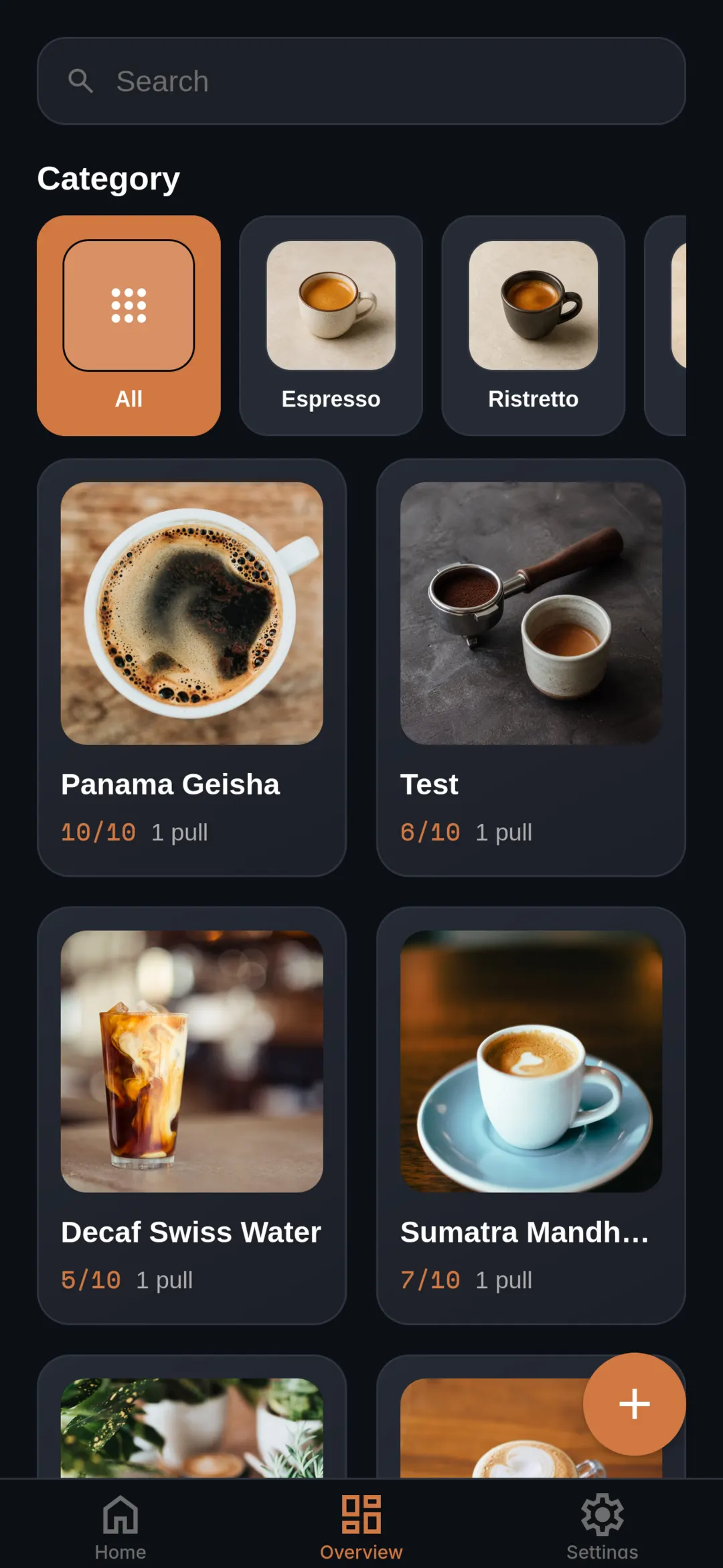 Overview grid of coffee brands with ratings