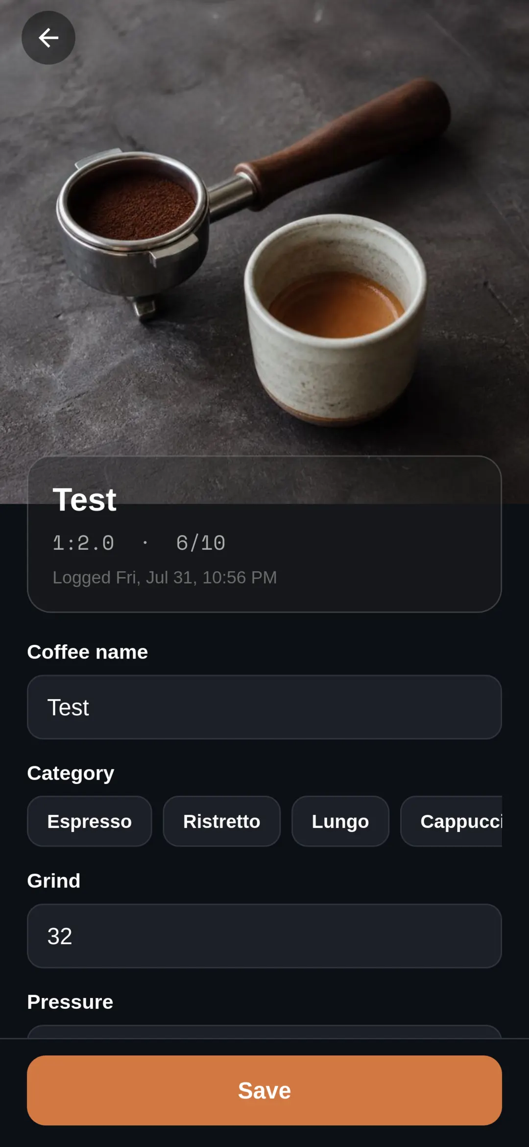 Shot detail with photo, ratio, rating, and recipe fields